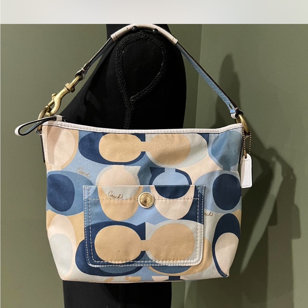 Coach Blue and Tan Shoulder Bag with Signature Pattern
